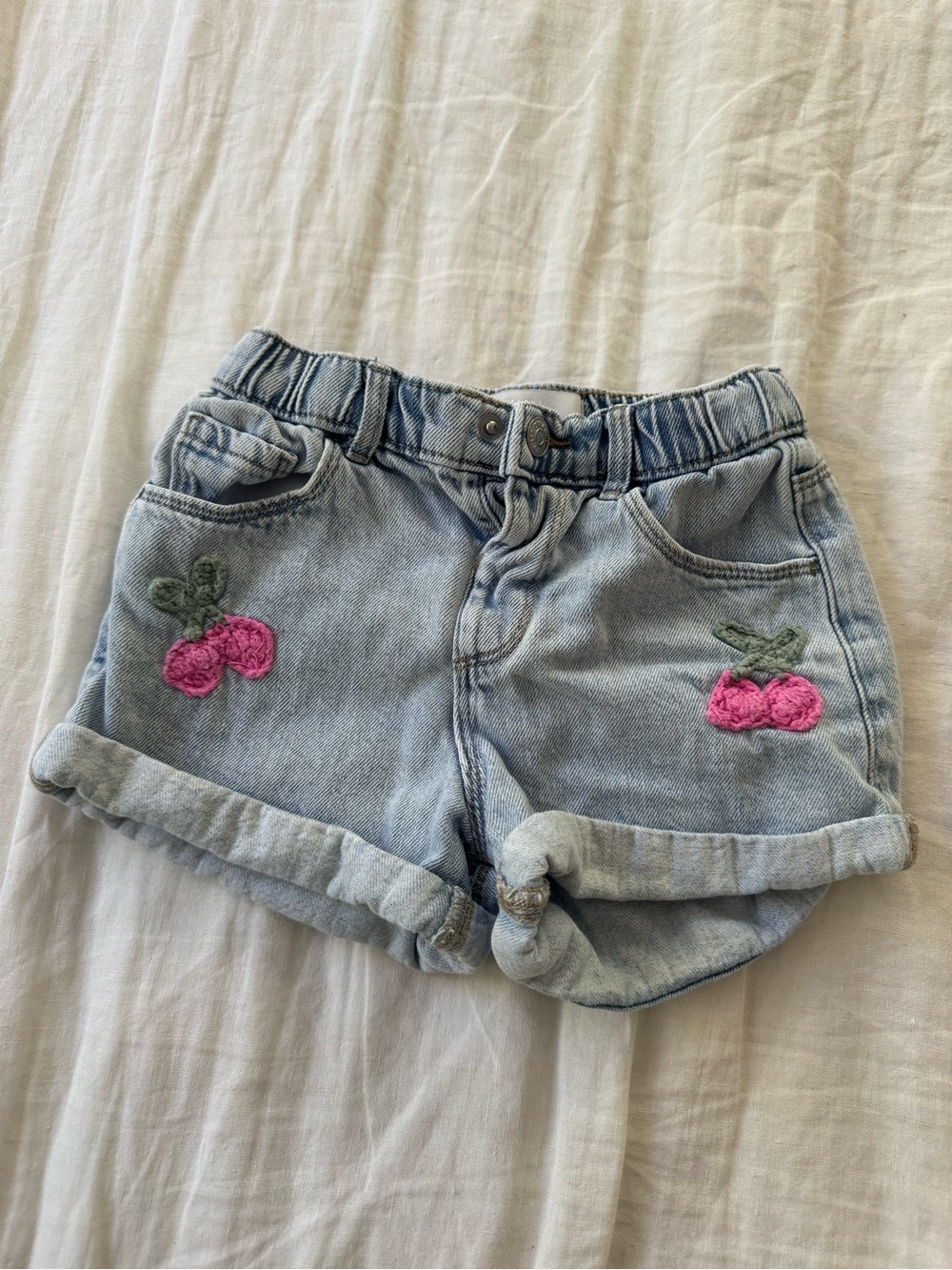 Zara Light Denim Shorts with Pink Cherry Embroidery